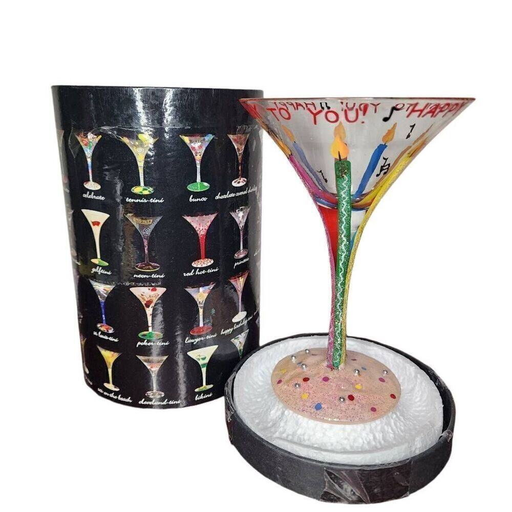 Lolita Dining Barware, "Happy Birthday"   Hand Painted Cocktail Martini Glass
